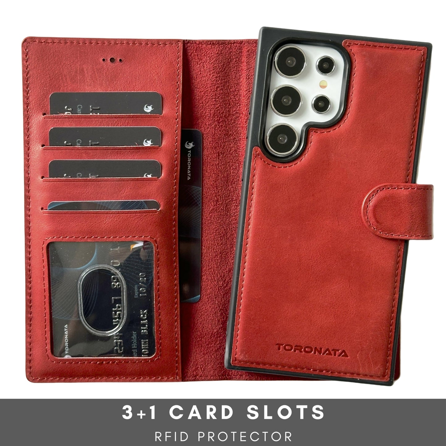 TORONATA Nevada Samsung Galaxy S24 Ultra Case – S24 Ultra Leather Case - Luxury S24 Ultra Wallet Case with Kickstand Design, Card Slots – Handcrafted Anti Scratch RFID Leather Wallet (Red)