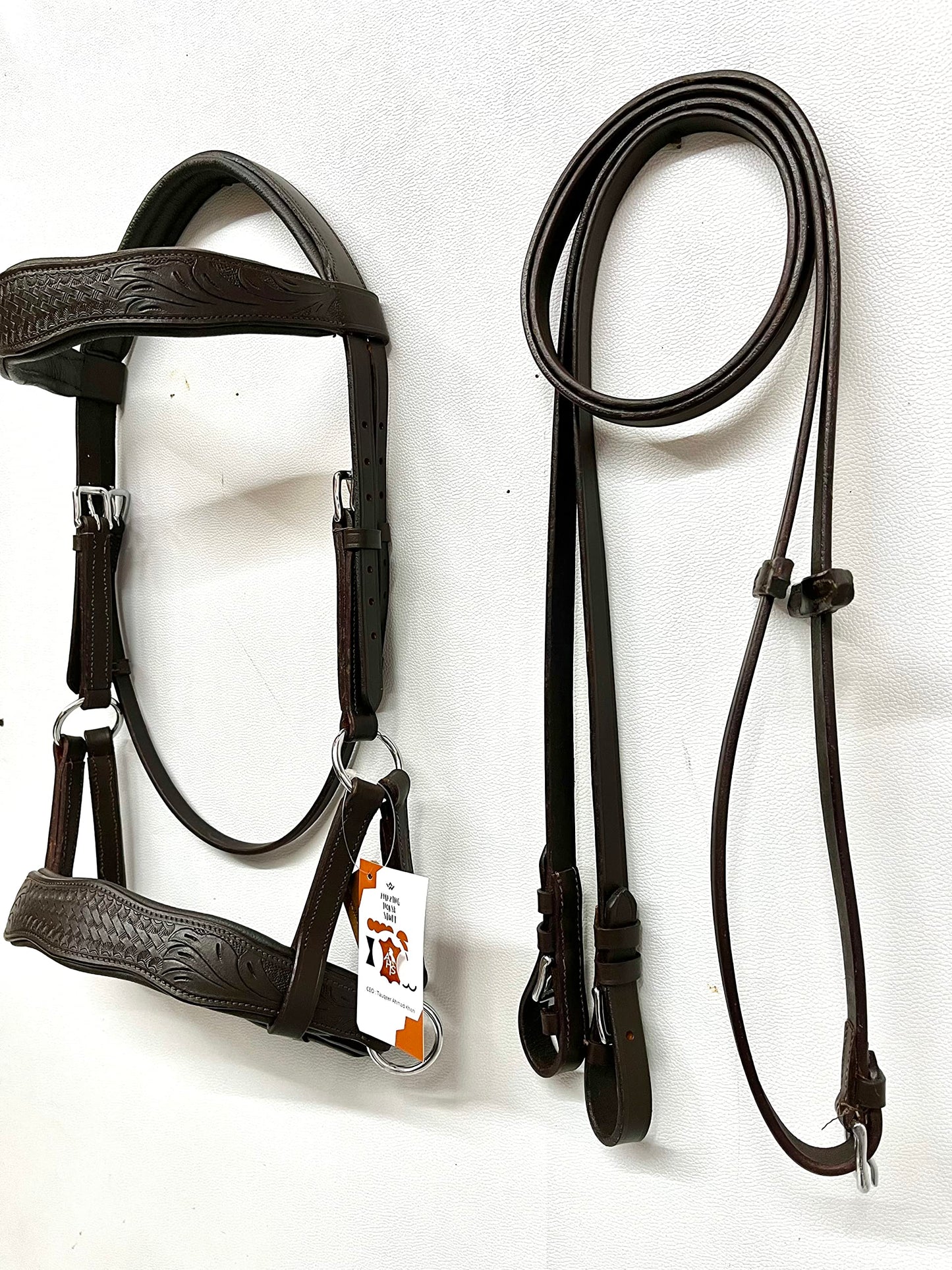 AMAZING HORSE STUFF Sidepull Bitless Bridle with Designer Hand Carving On Brow & Noseband Curved Shaped Brown (Full, Cob, Pony) (Pony)
