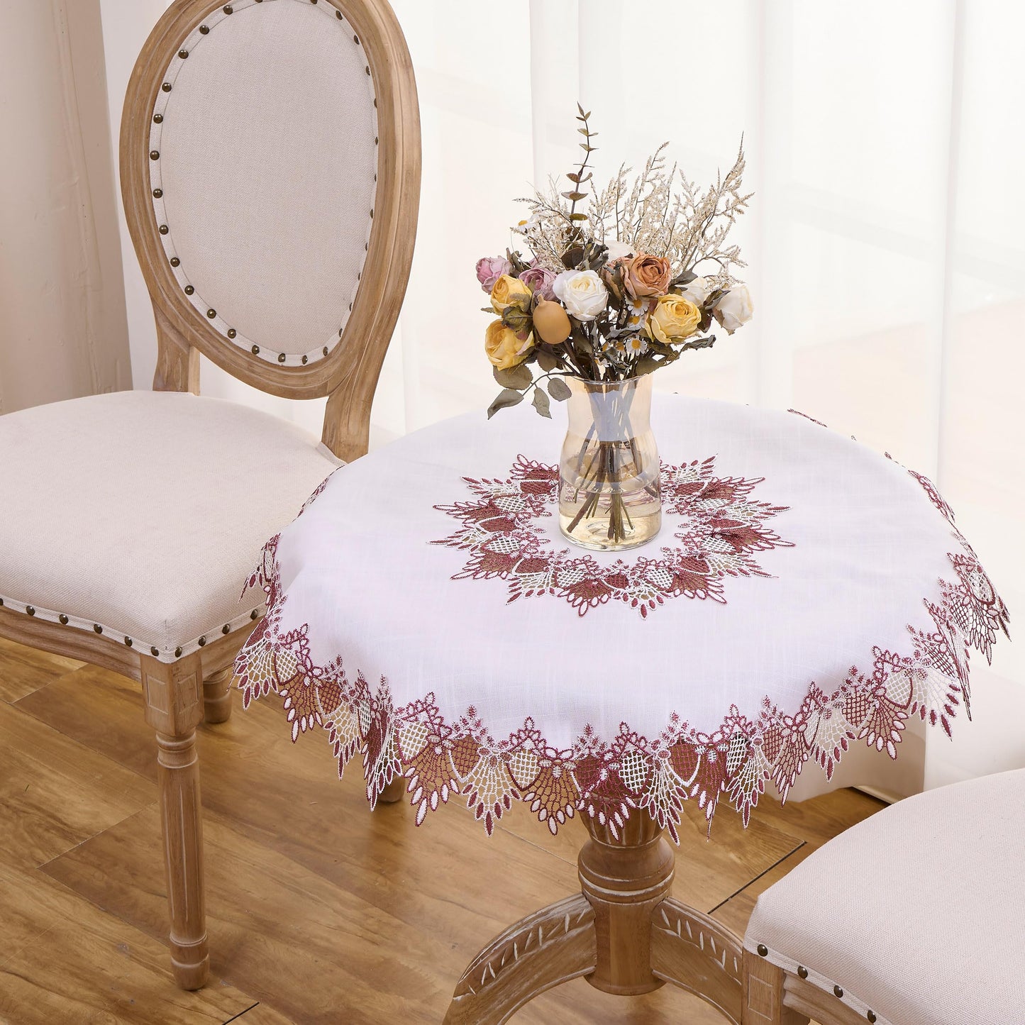 Raedan White Dark Red Linen Lace Doily 33 inches Round Coffee Table Topper Dresser Scarf Place Mats (Dark Red, 33” Round)