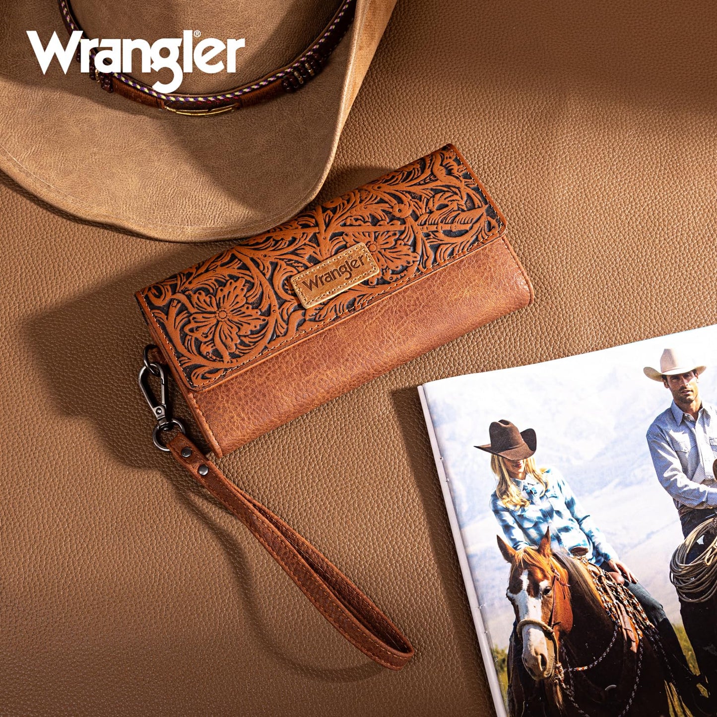 Montana West X Wrangler Tooling Women's Wallets Brown Western Wallet for Women Wallets, Card Cases & Money Organizers Phone Wallet Women Wristlet with Coin Purse WG196-W056BR