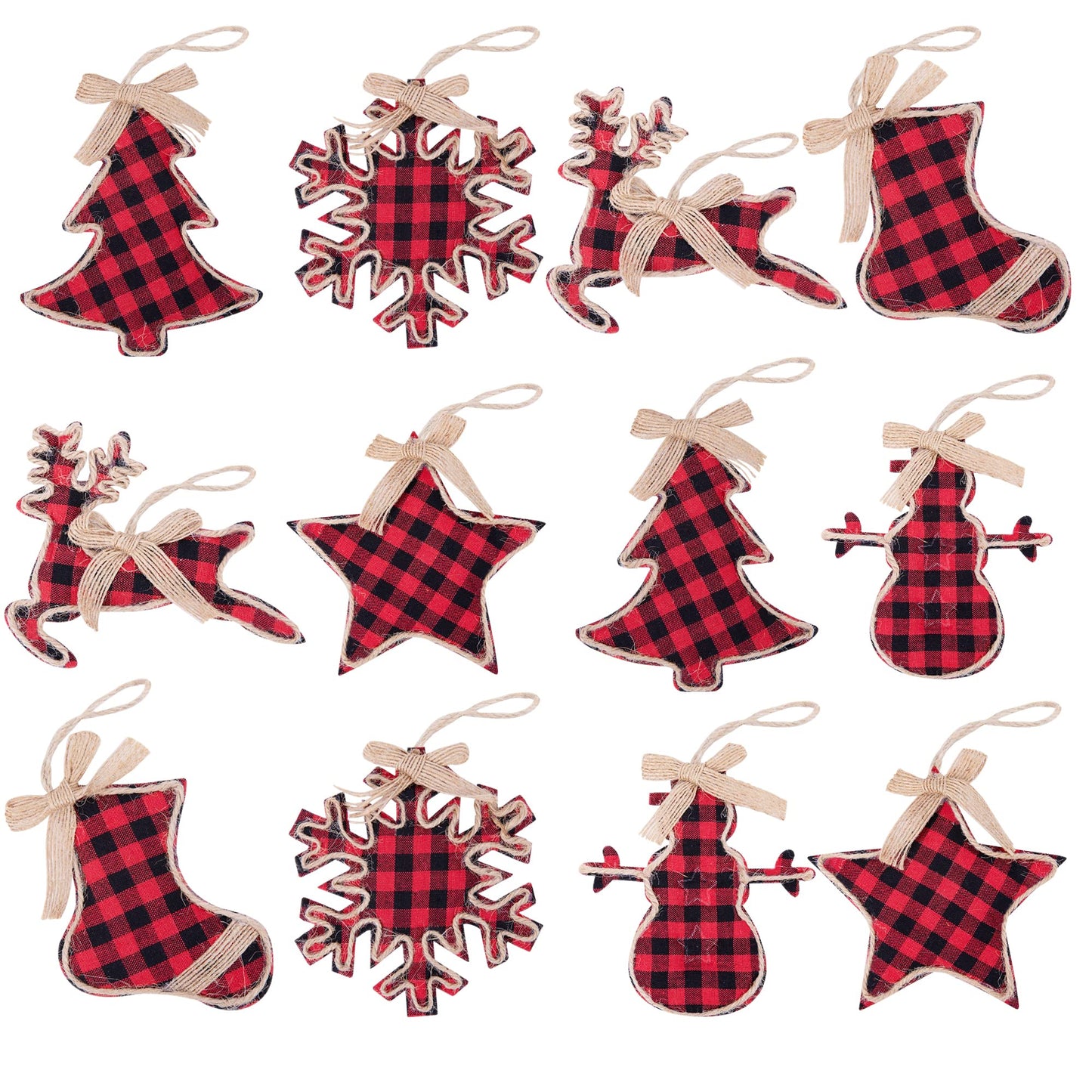 Watayo 12 PCS Christmas Plaid Hanging Ornaments-Black & Red Buffalo Check Plaid Burlap Hanging Ornaments-Tree Ball Bell Stocking Shaped Hanging Decor for Home Xmas Party Decorations Gift