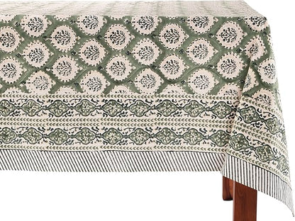 ATOSII Kari Green 100% Cotton Rectangle Boho Summer Tablecloth, Block Print Floral Table Cloth Linen for Dining, Parties, Wedding, Outdoors Home Decor 60 X 90 Inches I 6 Seater I