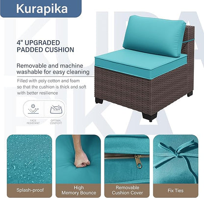 Kurapika 10 Pieces Patio Furniture Set, Rattan Wicker Sofa Set, Outdoor Conversation Sets w/Swivel Rocking Chairs Patio Sectional Sofa w/4 Inch Cushion, Blue