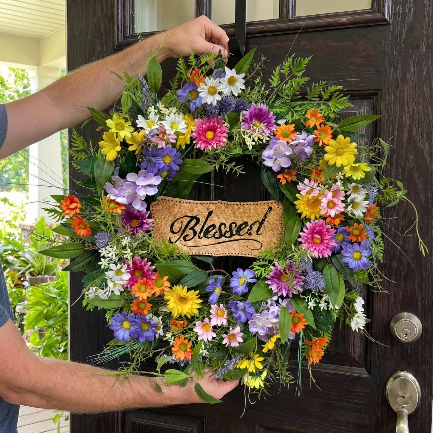 Lnymura 22 Inch Spring Summer Blessed Wildflower Wreath for Front Door Wall