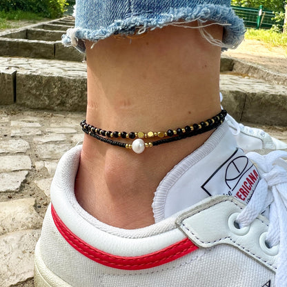 Made by Nami Boho Surfer Anklet Waterproof & Adjustable Beaded Anklets for Women Beachy Ankle Bracelet Made from Waxed Cotton Rope and Beads for Summer and Hippie Style (Black Pearl)
