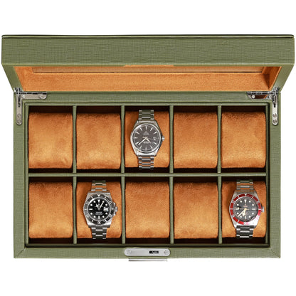 ROTHWELL 10 Slot Leather Watch Box - Luxury Case Display Jewelry Organizer - Locking Watch Display Case Holder with Large Glass Top - Box Organizer for Men and Women (Green/Tan)
