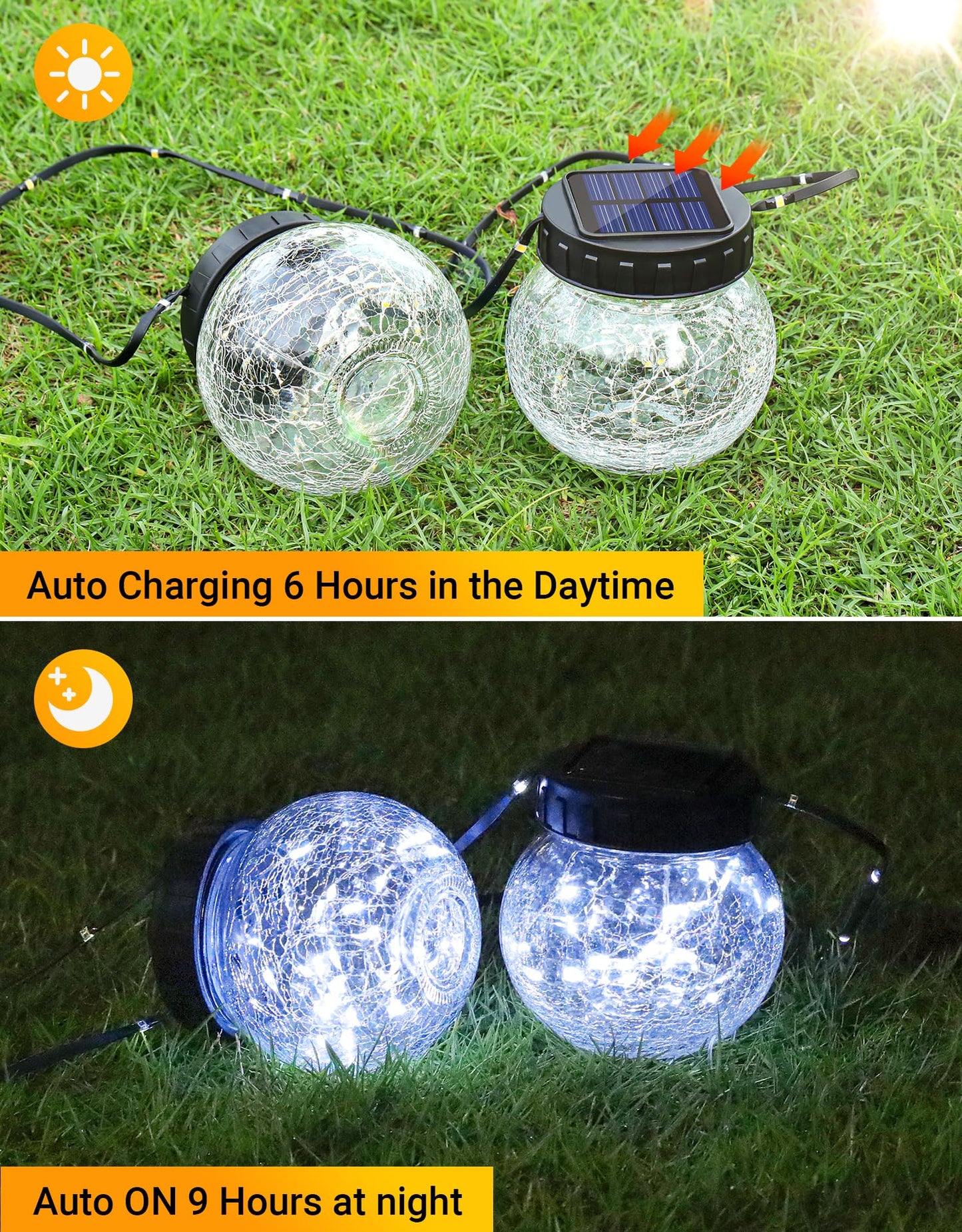 PARTPHONER Solar Lights Outdoor Waterproof 12-Pack, Solar Powered Hanging Lantern Cracked Glass Hanging Globes for Yard Decor Christmas Decoration, Shepherd Hook, Garden Tree Ornaments, Cold White