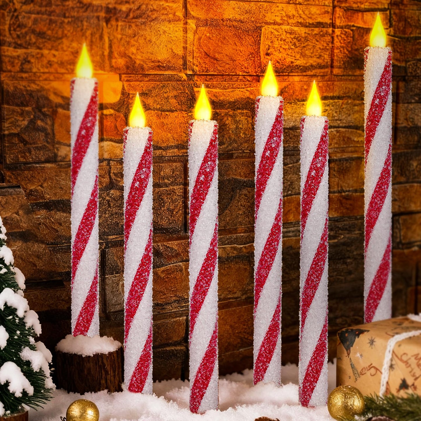 Christmas Flickering Flameless Taper Candles - 6PCS Glitter Candy Cane Red and White Stripes Sea Salt Real Wax Battery Operated Candles For Christmas Party Wedding Winter Home Decoration Xmas Decor