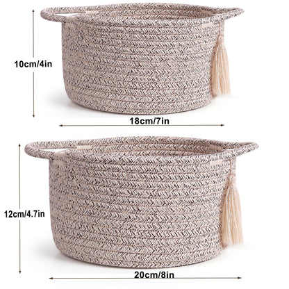 SweetMemo Small Gift Basket Empty Set of 2 - Little Cute Woven Rope Organizer Bins for Baby Shower Gifting, Makeup, Bathroom, Desk, Decorative Vanity - Pre-Shaped, Brown