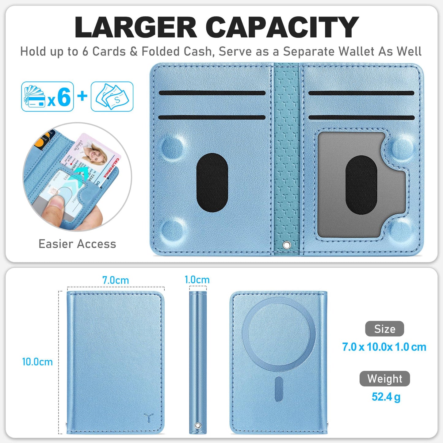 TUCCH for Magsafe Wallet with 6 Card Holders, RFID Blocking Clear ID Window PU Leather Men Women Folio Magnetic Phone Wallet for iPhone 17/16/15/14/13/12/Plus/Air/Pro/Pro Max Series, Pearly Light Blue