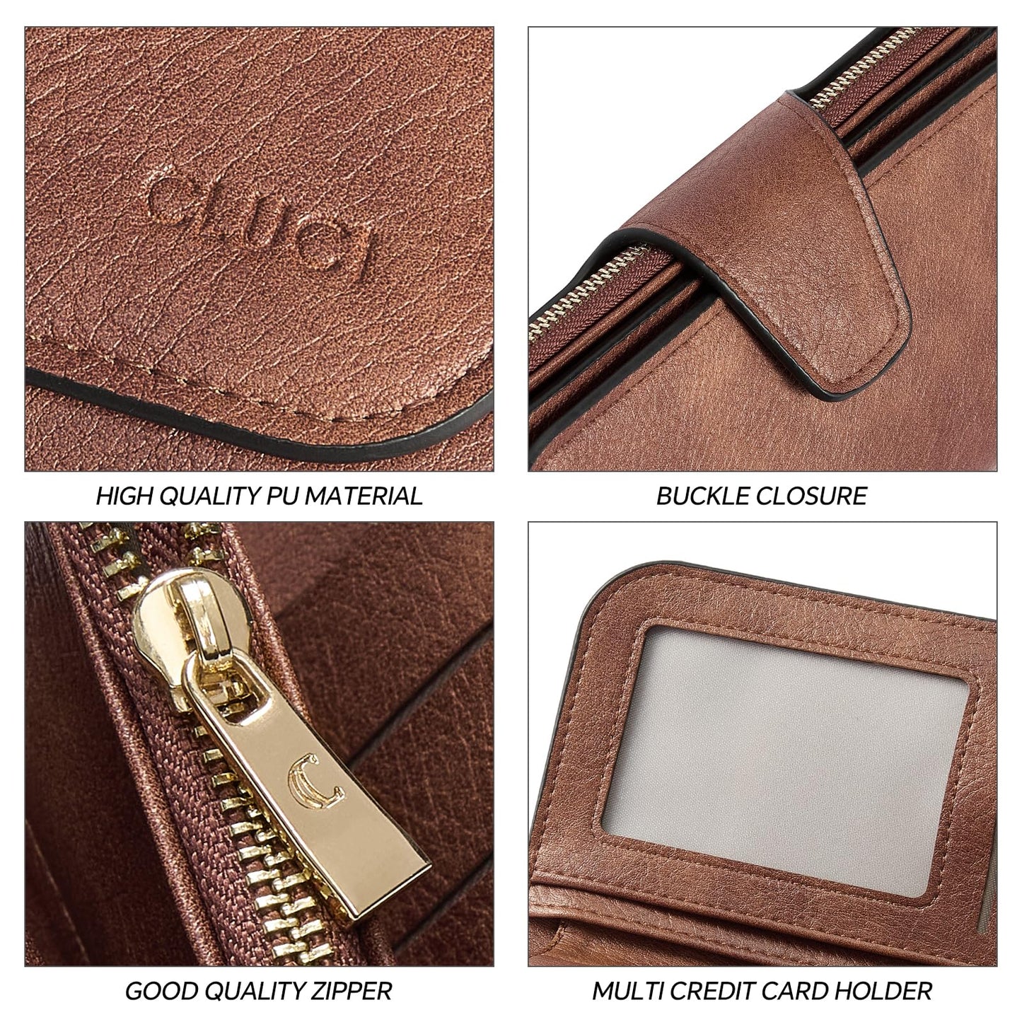 CLUCI Women Wallet Leather RFID Blocking Designer Trifold Card Holder Ladies Clutch with ID Window Brown