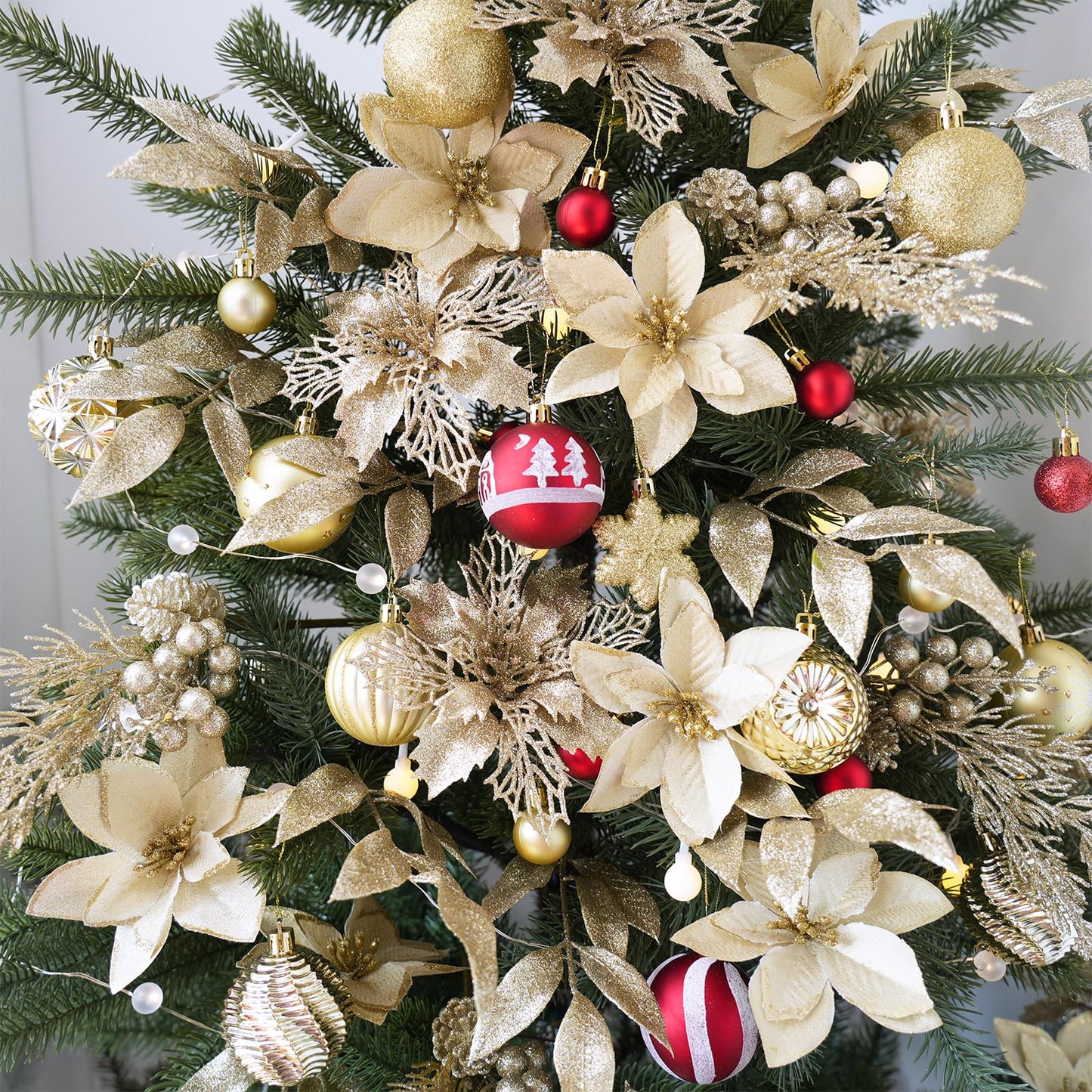 Winlyn 35 Pcs Christmas Artificial Poinsettia Flower Stems and Artificial Leaf Picks Champagne Glitter Christmas Floral Stems for Champagne Christmas Tree Decor DIY Wreath Holiday Floral Arrangement