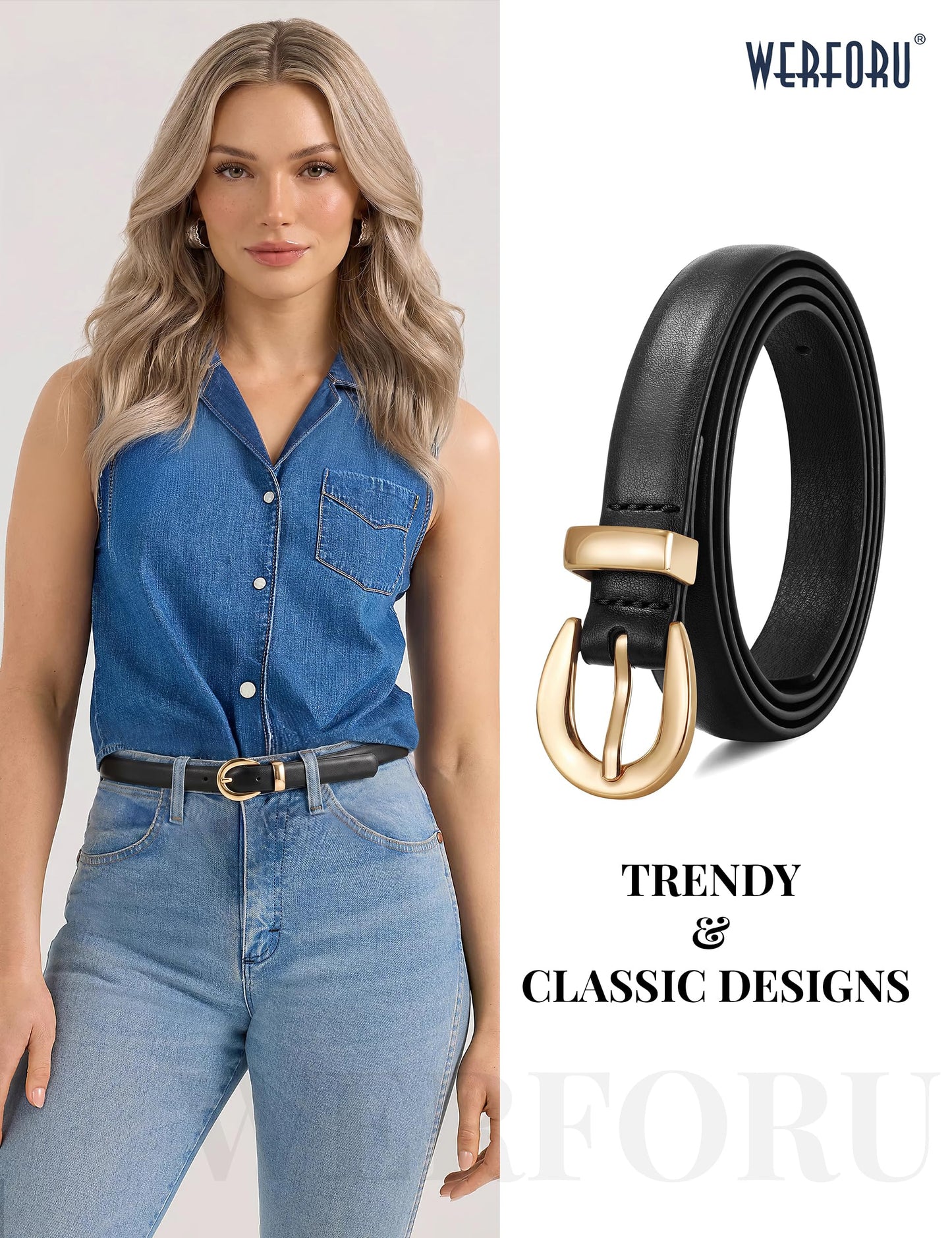 WERFORU Women Skinny Leather Belt for Jeans Pants Fashion Thin Waist Belts for Women Dress Belt with Gold Buckle,Black,Fit Waist Size 31-36 Inches
