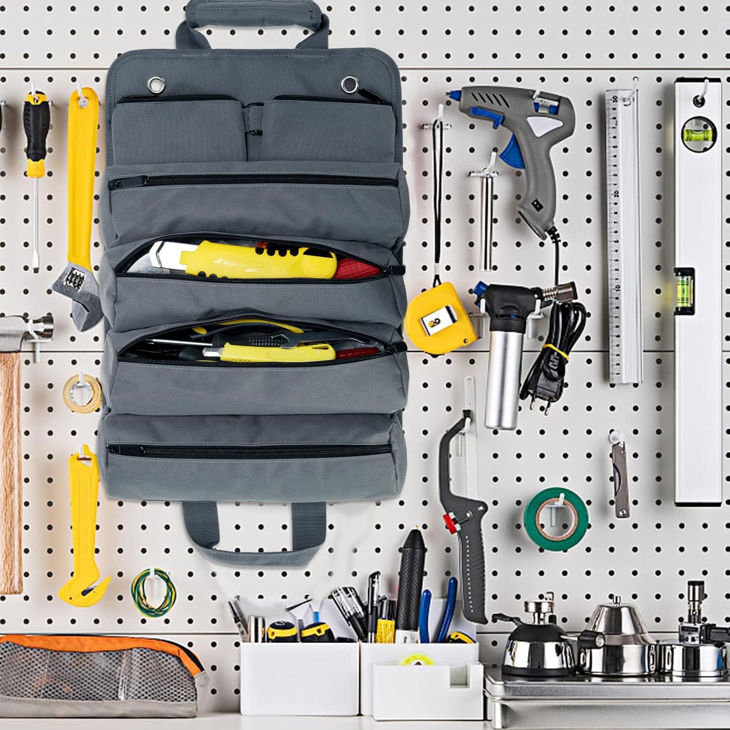 W WINTMING Tool Roll Bag, Tool Bag Organizer, Tool Carrier Roll UP Storage Pouches with 6 Zipper Pockets & Strap, Gifts for Men Mechanic Electrician Hobbyist (Gray)