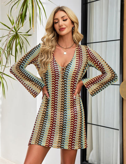 Blooming Jelly Women Beach Cover Ups Crochet Knit Swimsuit Coverup 2026 Summer Swimwear Bathing Suit Hollow Out Dress Vacation Outfits (Boho Multicolor,Medium)