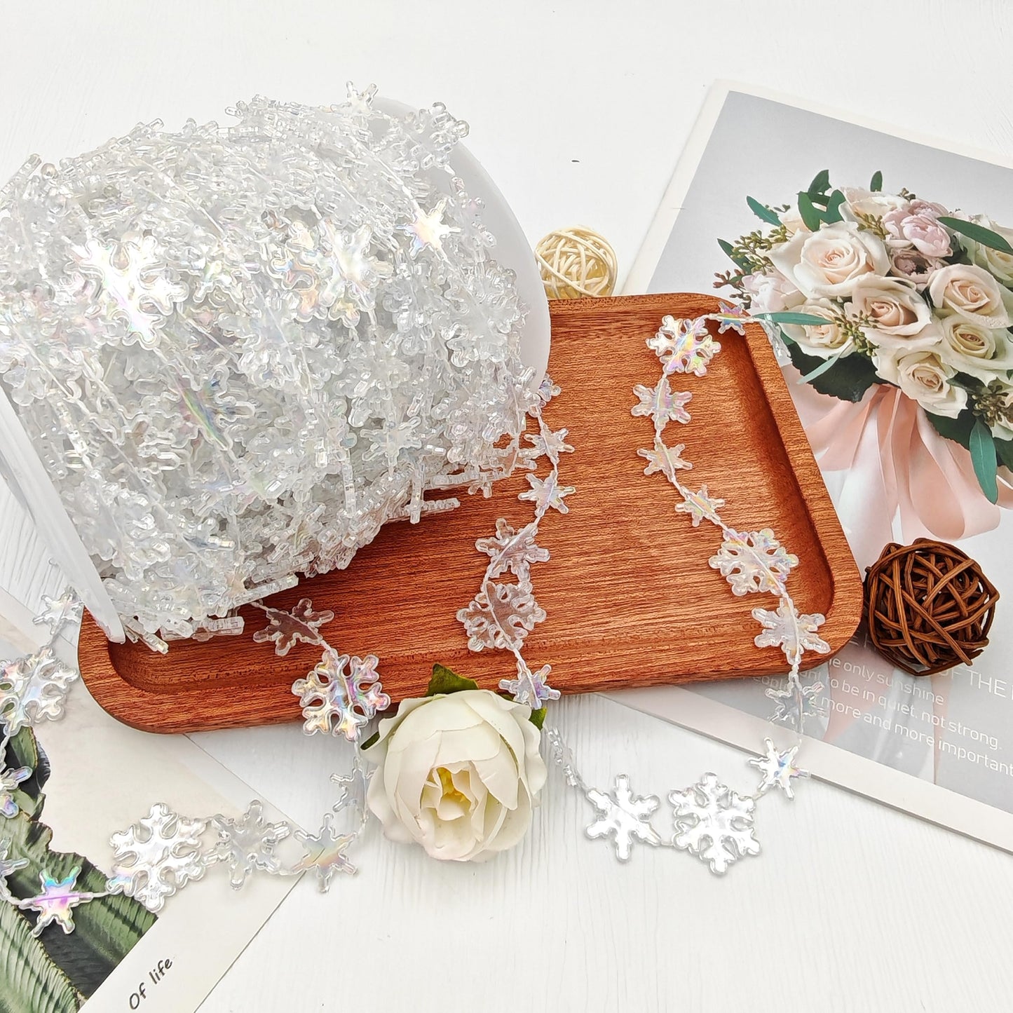 62FT Crystal Beads Strands Acrylic Iridescent Garland for Christmas Tree Decorations DIY Crafts (62FT Iridescent Snowflake)