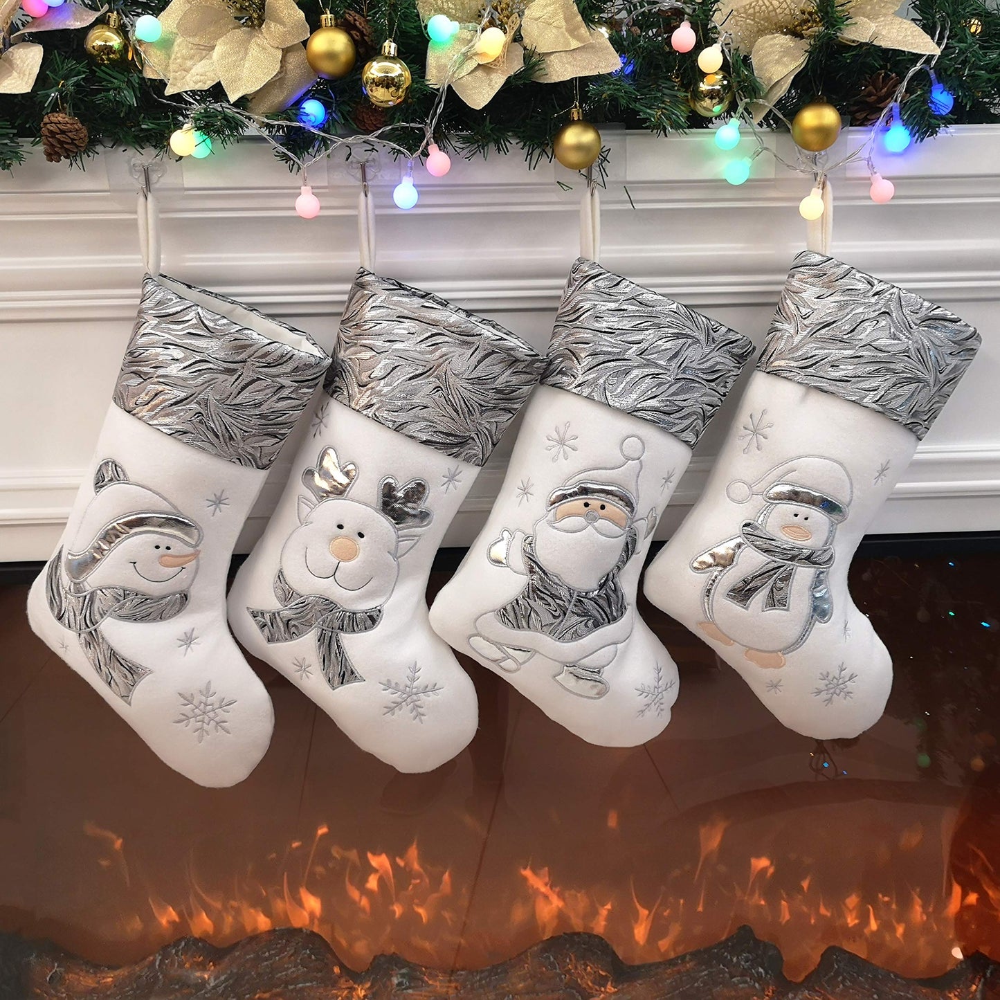 BSTAOFY Christmas Stockings Set of 4 Soft Non-Woven Patterned Santa Claus Animals Socks for Assorted Xmas Tree Hanging Decor Party Ornaments Gifts Kids, Silver