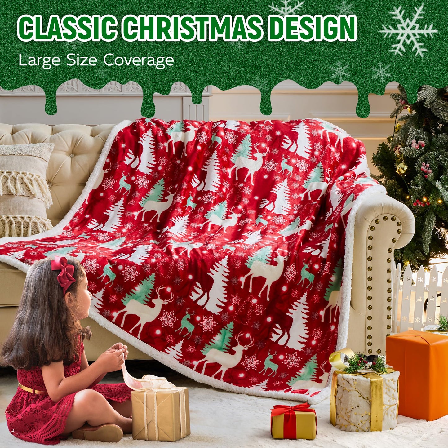 NORD ECO Christmas Throw Blanket, Christmas Decorations Gifts for Women, Sherpa Flannel Fleece Winter Holiday Blanket, Fluffy Cozy Soft Christams Throws for Couch Sofa Bed, DoubleDeer, 50" X 60"