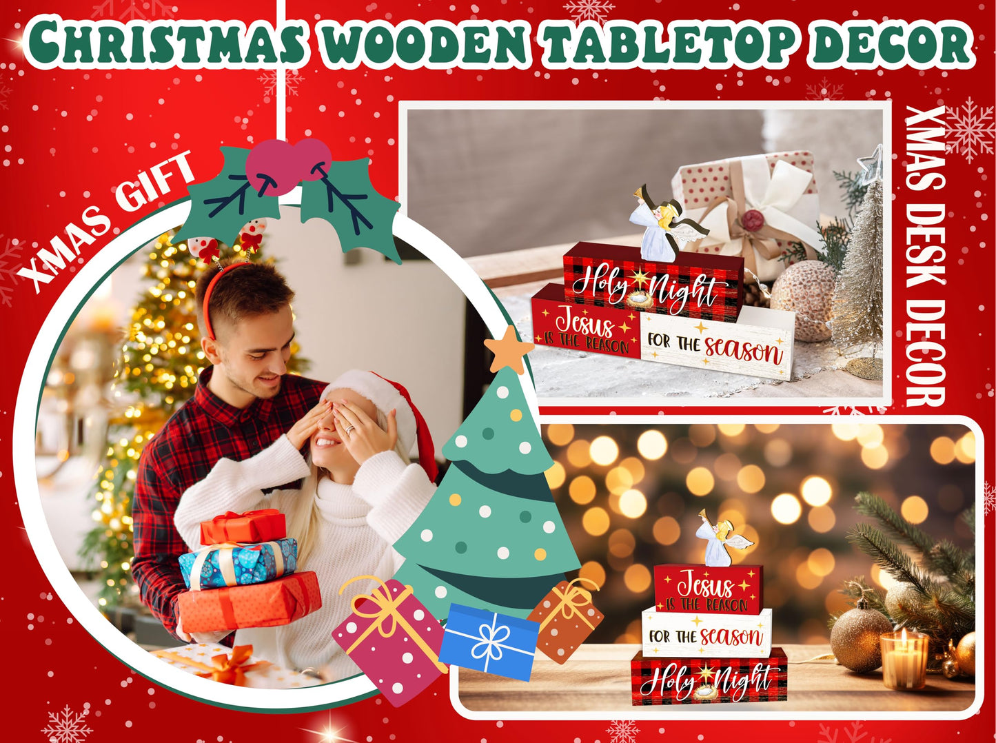4 Pcs Angel Christmas Decor, Jesus Table Decorations, Holy Night Christmas Tiered Tray Desk Decor Gifts, Wooden Christian Stack Block Signs Table Centerpiece for Farmhouse Office -A03