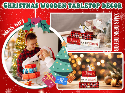 4 Pcs Angel Christmas Decor, Jesus Table Decorations, Holy Night Christmas Tiered Tray Desk Decor Gifts, Wooden Christian Stack Block Signs Table Centerpiece for Farmhouse Office -A03