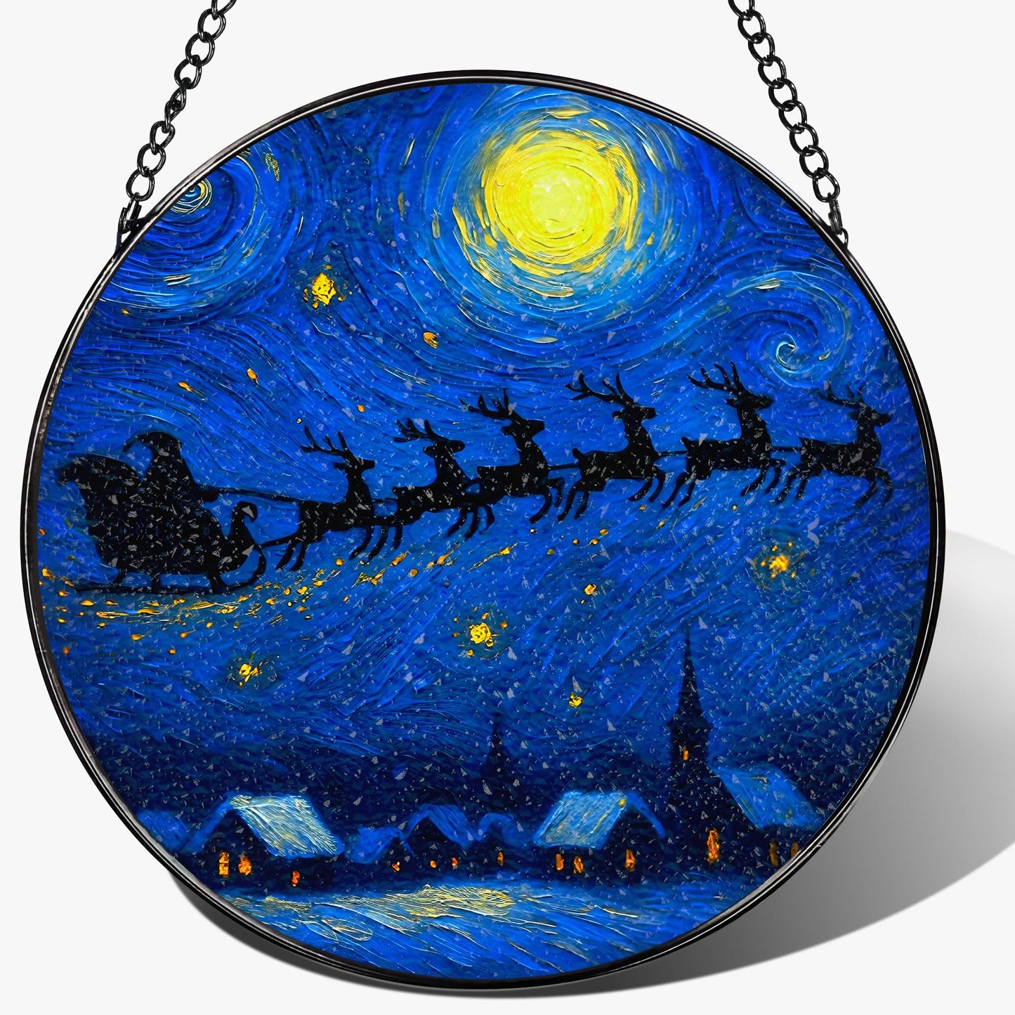 8-Inch Starry Night Santa Sleigh Stained Glass Window Hanging & Ornament: Stained Glass Suncatcher Ornament, Sun Catcher Window Decor – Gifts Exchange, Gift Idea, Gifts for Christmas & Holidays