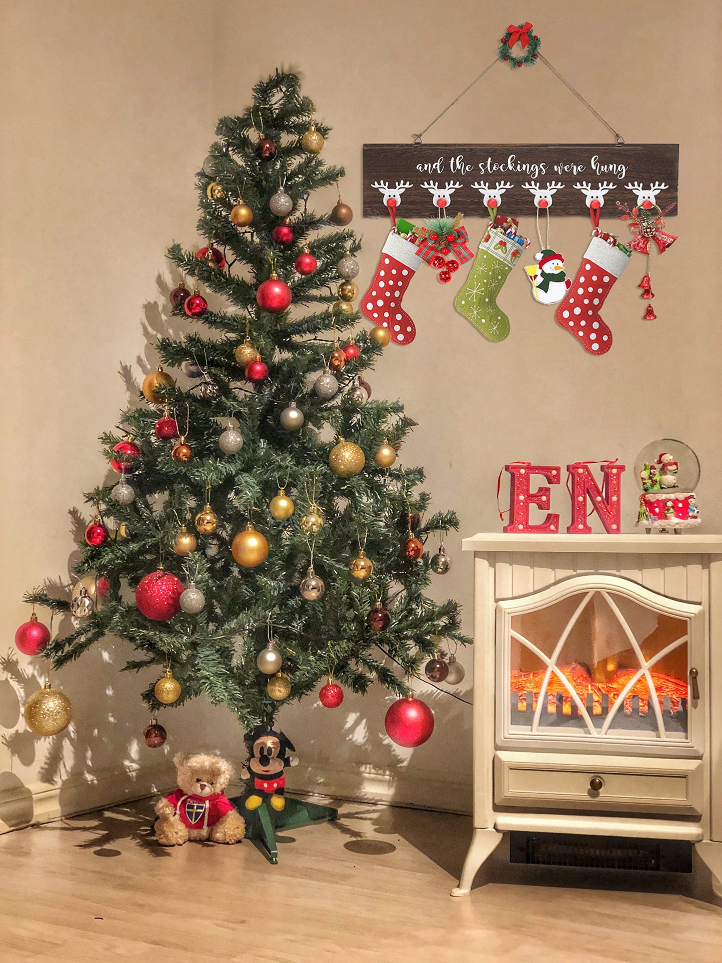NEWLIGHTURE Christmas Stocking Wall Hanger The Stocking were Hung with 6 Red Nose Hooks Wood Christmas Stocking Rack Wall Mount Sign for Mantle Fireplace (Reindeer)