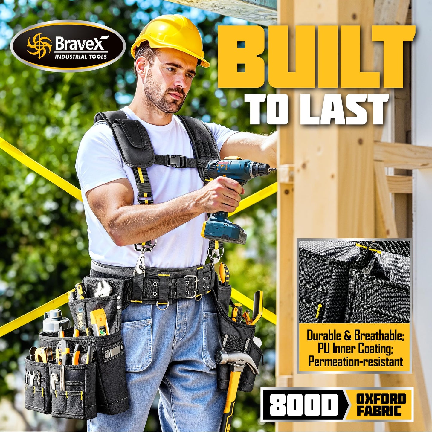 Bravex Tool Belt Suspenders, Tool Vest Pro Ultra 20 Bags H-Style Toolbelt 5 Combo Apron Tool Pouch For Framers Carpenter Electrician 1200D Ballistic Nylon