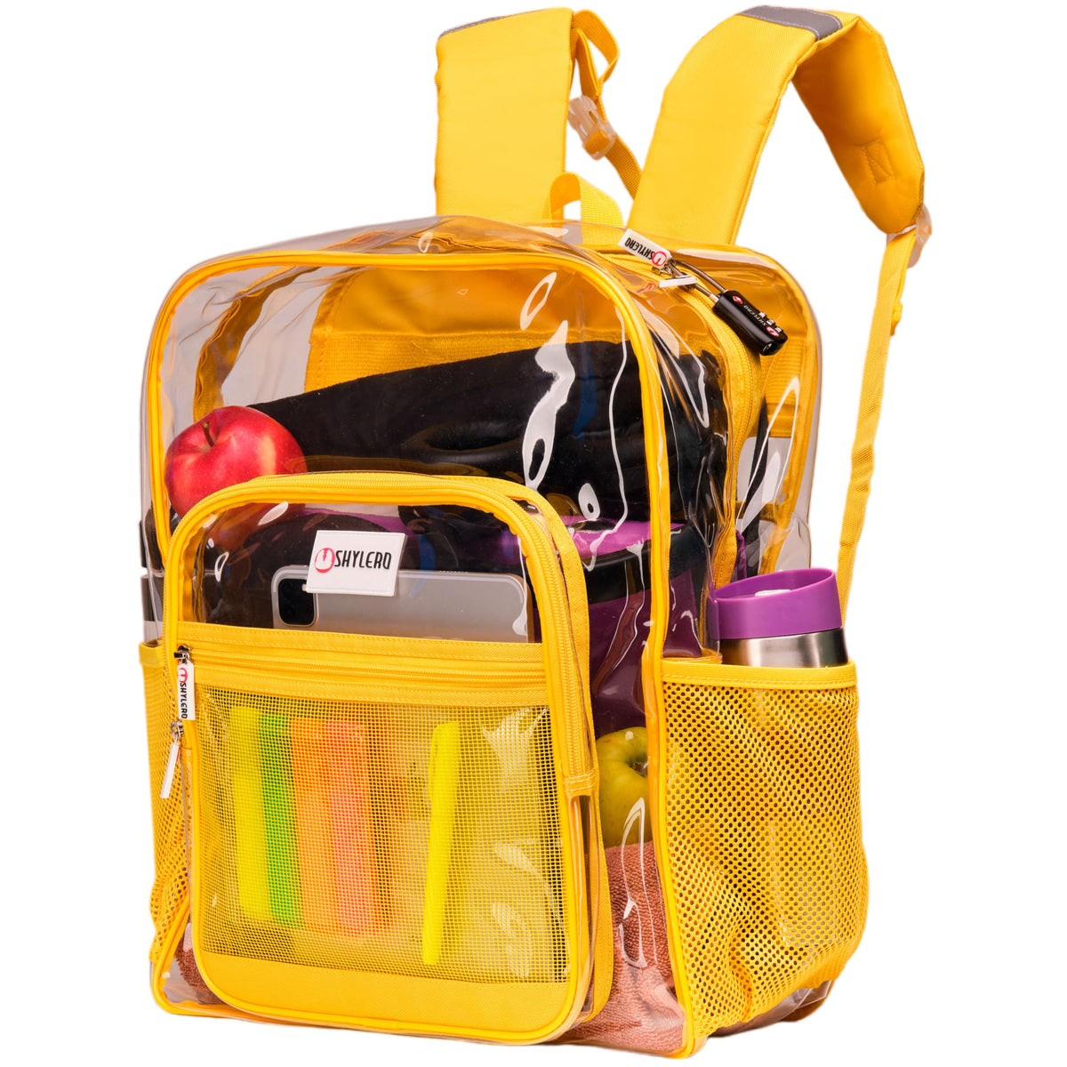 SHYLERO Clear Backpack Heavy Duty has TSA Lock, 2-WAY Zipper. PVC Transparent Backpack Is Extra Large - H18''xW14''xD8 - Yellow