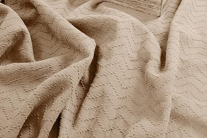 BELIZZI HOME 100% Cotton Bed Blanket, Breathable Thermal Blanket Full - Queen Size, Soft Chevron 90''x90'', Perfect for Layering Any All Season, Beige, Biege, (90''x90'')