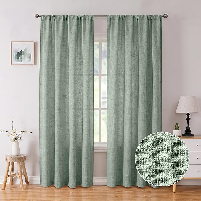 Tollpiz Short Linen Curtains Living Room Rod Pocket Semi Sheer Curtain Burlap Light Filtering Thick Linen Drapes for Bedroom, 54 x 54 inches Long, Sage Green, Set of 2 Panels