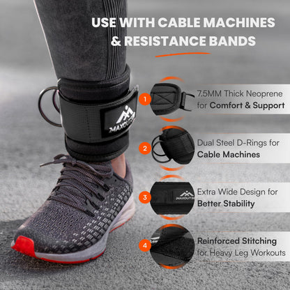 MaxOut360 Gym Ankle Straps for Cable Machines, Thick Padded Ankle Cuff Cable Attachment for Booty Workouts, Kickbacks, Hip Abductors, Lower Body Exercises, Black Pair