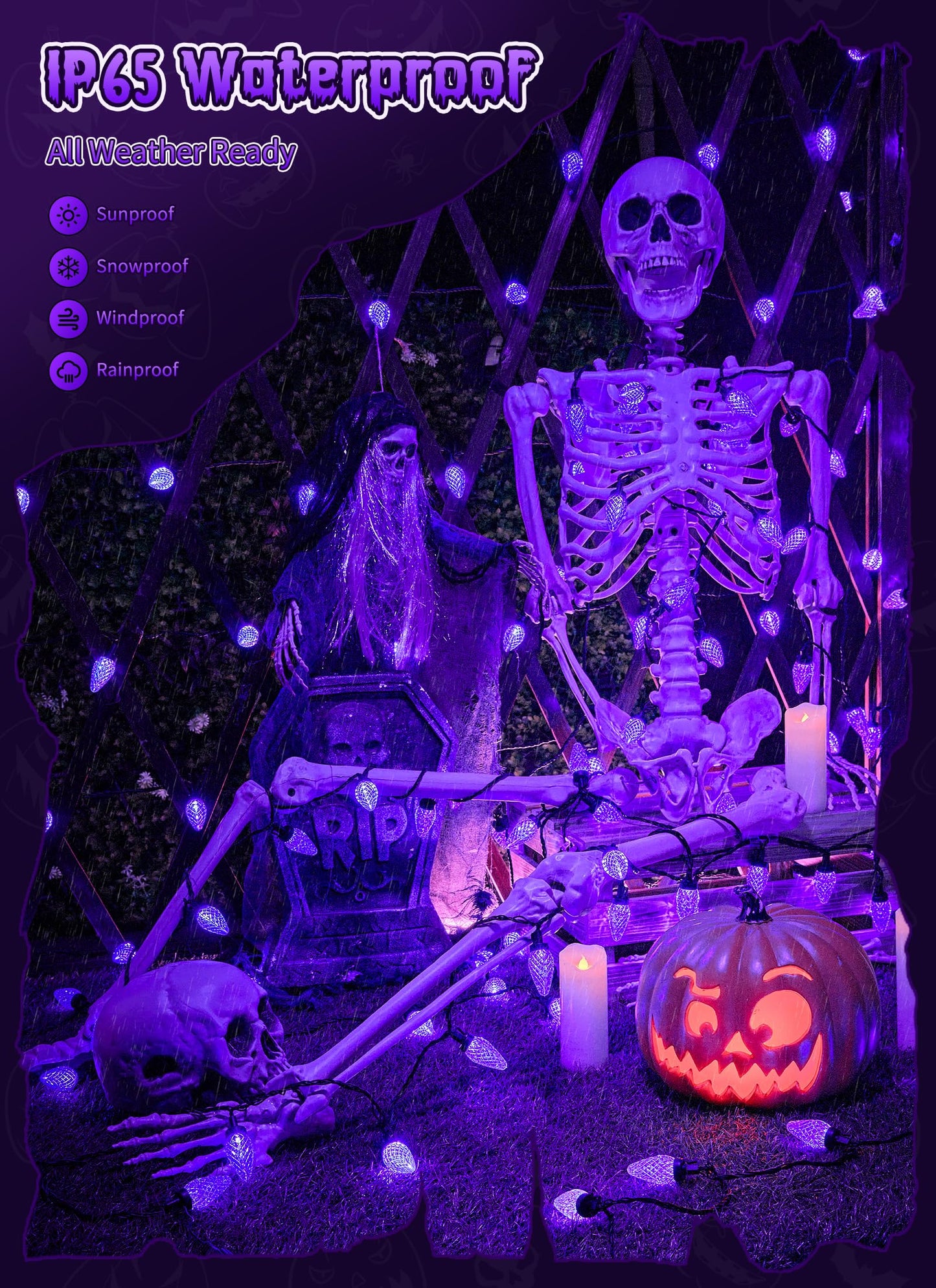 Brightown Halloween C9 LED Purple String Lights, 114FT 150 LED Halloween Lights with Timer & 8 Modes, Plug-in Waterproof Connectable Outdoor Lighting for House Patio Yard Porch Roof