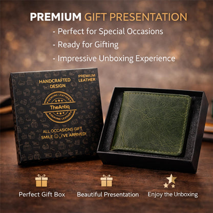 TheAntiq Genuine Leather Bifold Card Holder Wallet for Men & Women Slim Minimalist Front Pocket Credit Card Wallet, Compact Travel & Everyday Carry - Forest Green