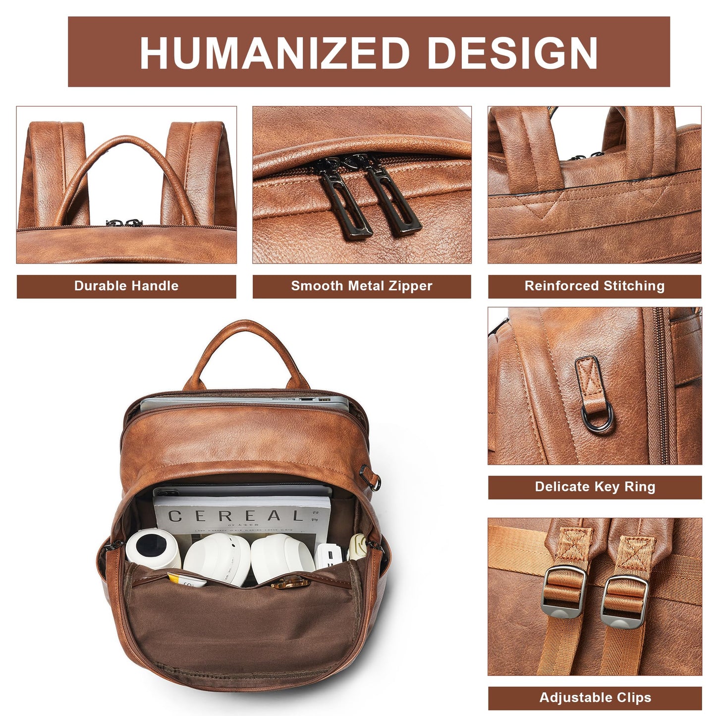 tiamyi Vegan Leather Backpack for Women and Men, Fits 16.0 Inch Laptop, Multi-Pocket Design with Water Bottle and Luggage Strap, Ideal for Work, Travel, and Daily Use, Brown
