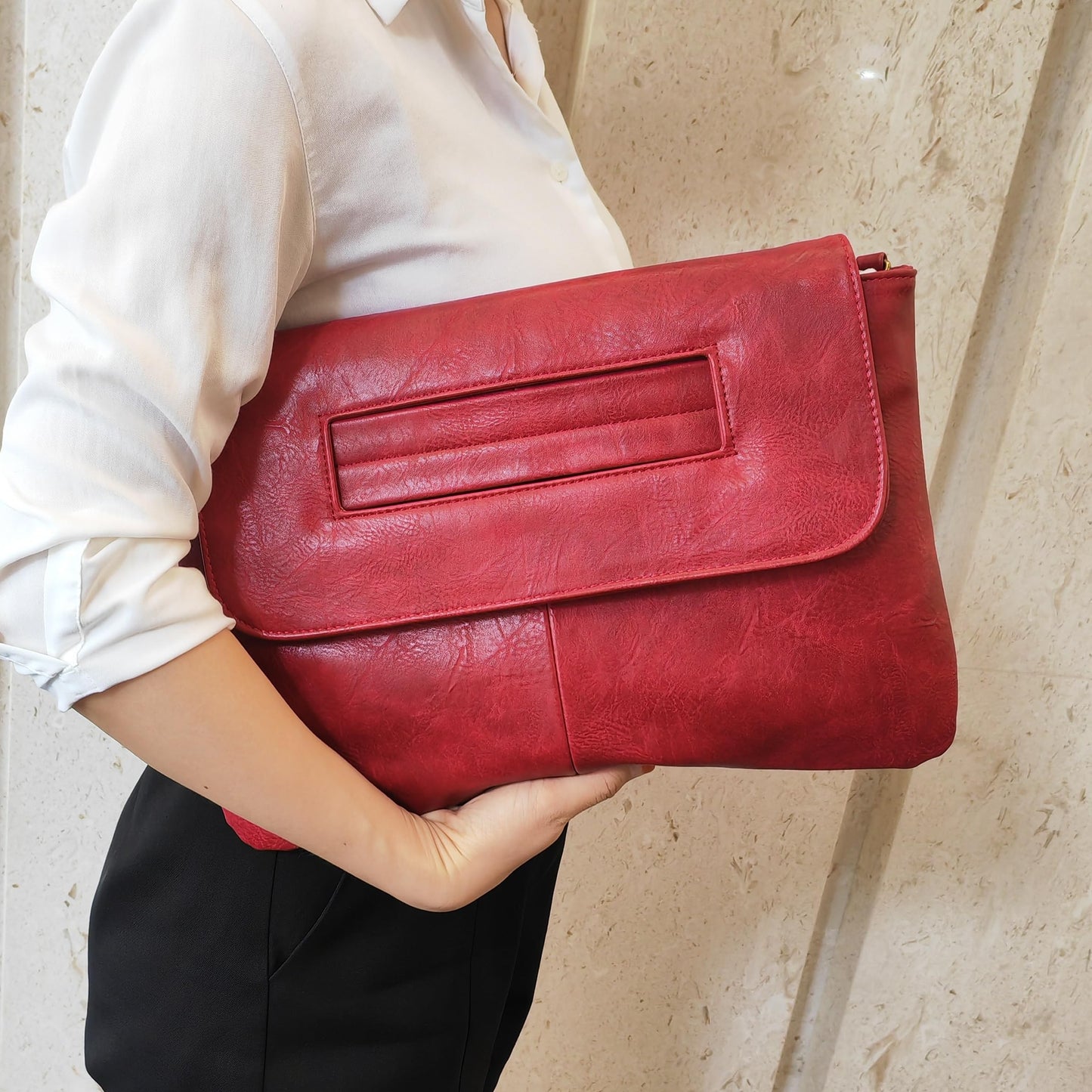 NIGEDU Women Handbags PU Leather Female Clutch Handbag Messenger Bag Large Solid High Capacity (Red)