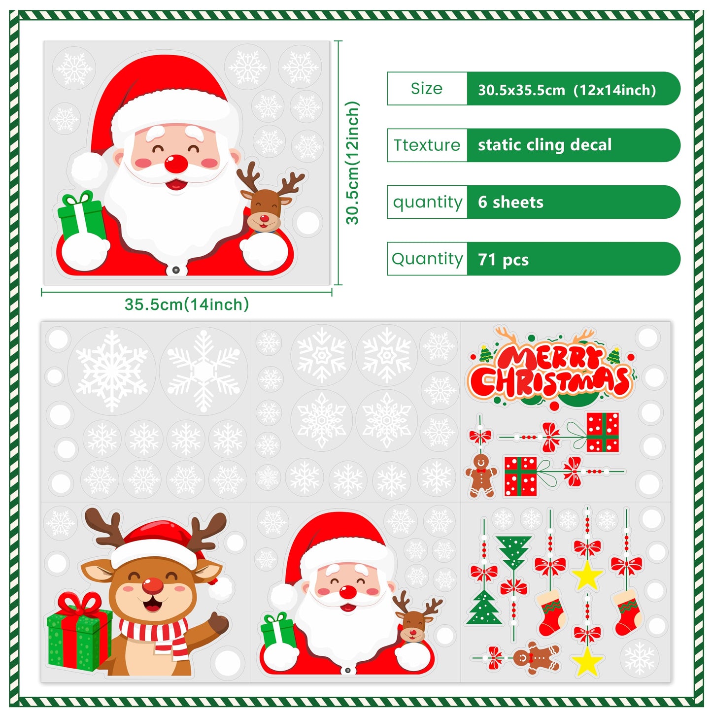 T&W SAME FILM Christmas Window Clings Stickers for Glass, Window, Car Decor, Xmas Decals Decorations Holiday Snowflake Santa Claus Reindeer Decals for Party, Reusable, 6 Sheets