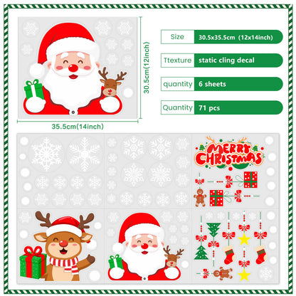 T&W SAME FILM Christmas Window Clings Stickers for Glass, Window, Car Decor, Xmas Decals Decorations Holiday Snowflake Santa Claus Reindeer Decals for Party, Reusable, 6 Sheets