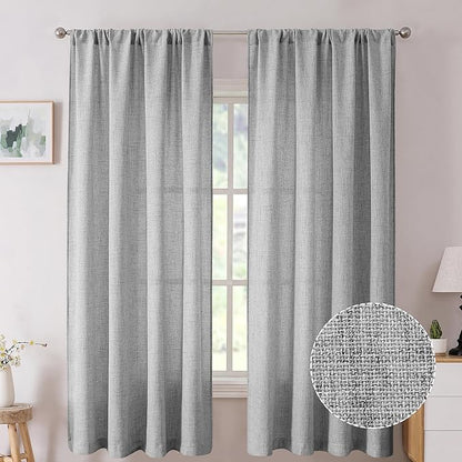 Tollpiz Short Linen Curtains Living Room Rod Pocket Semi Sheer Curtain Burlap Light Filtering Thick Linen Drapes for Bedroom, 54 x 54 inches Long, Silver Grey, Set of 2 Panels