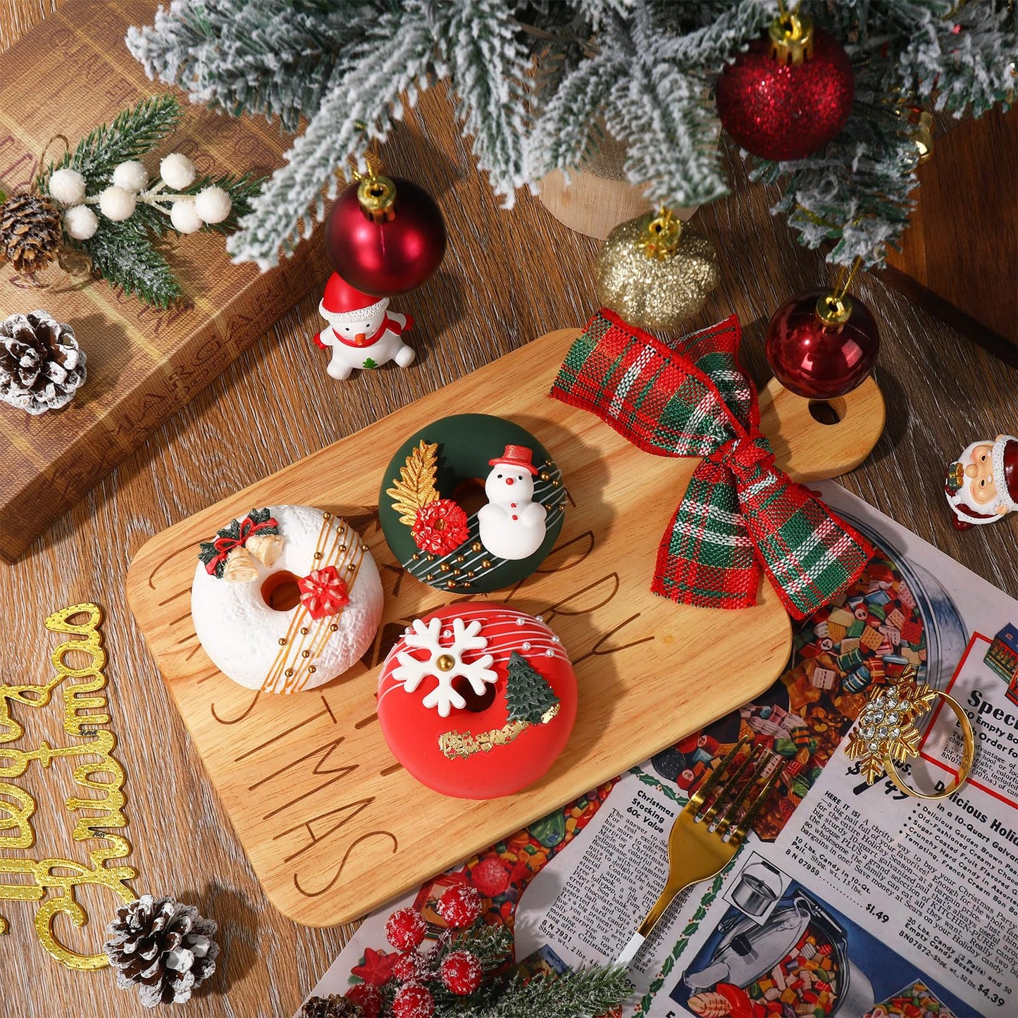 JarThenaAMCS 2 Pcs Merry Christmas Wood Cutting Board with Ribbon Xmas Tree Kitchen Charcuterie Board Serving Platter Tray for Winter Home Party Gift Decor
