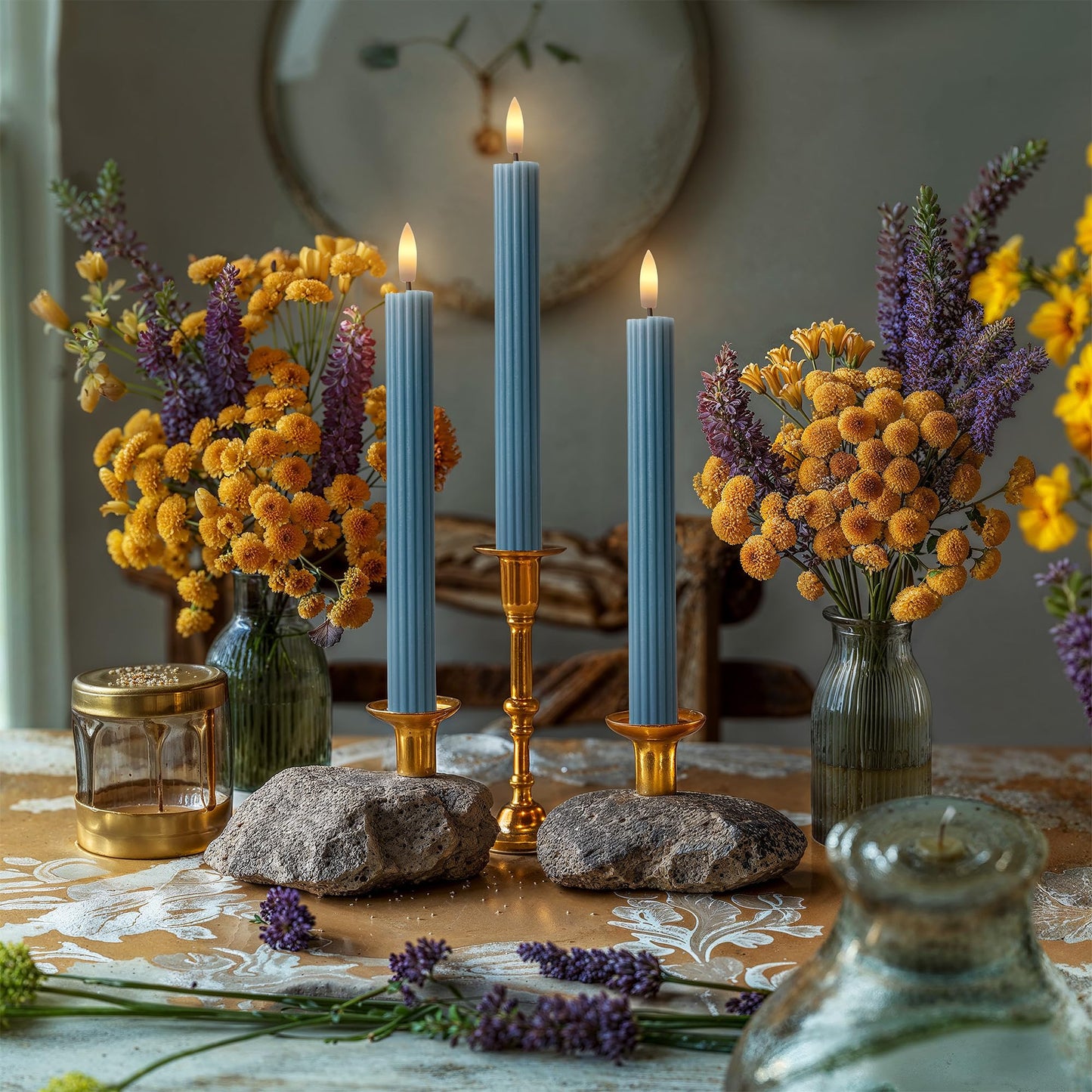 West Ivory 12 Pack, 10" LED Flameless Blue Fluted Ribbed Grooved Taper Candles with 2 Remotes & 24h Timer Memory, On/Off Button, Dimmable, Flicker Mode, Battery Operated, Christmas Menorah Wedding