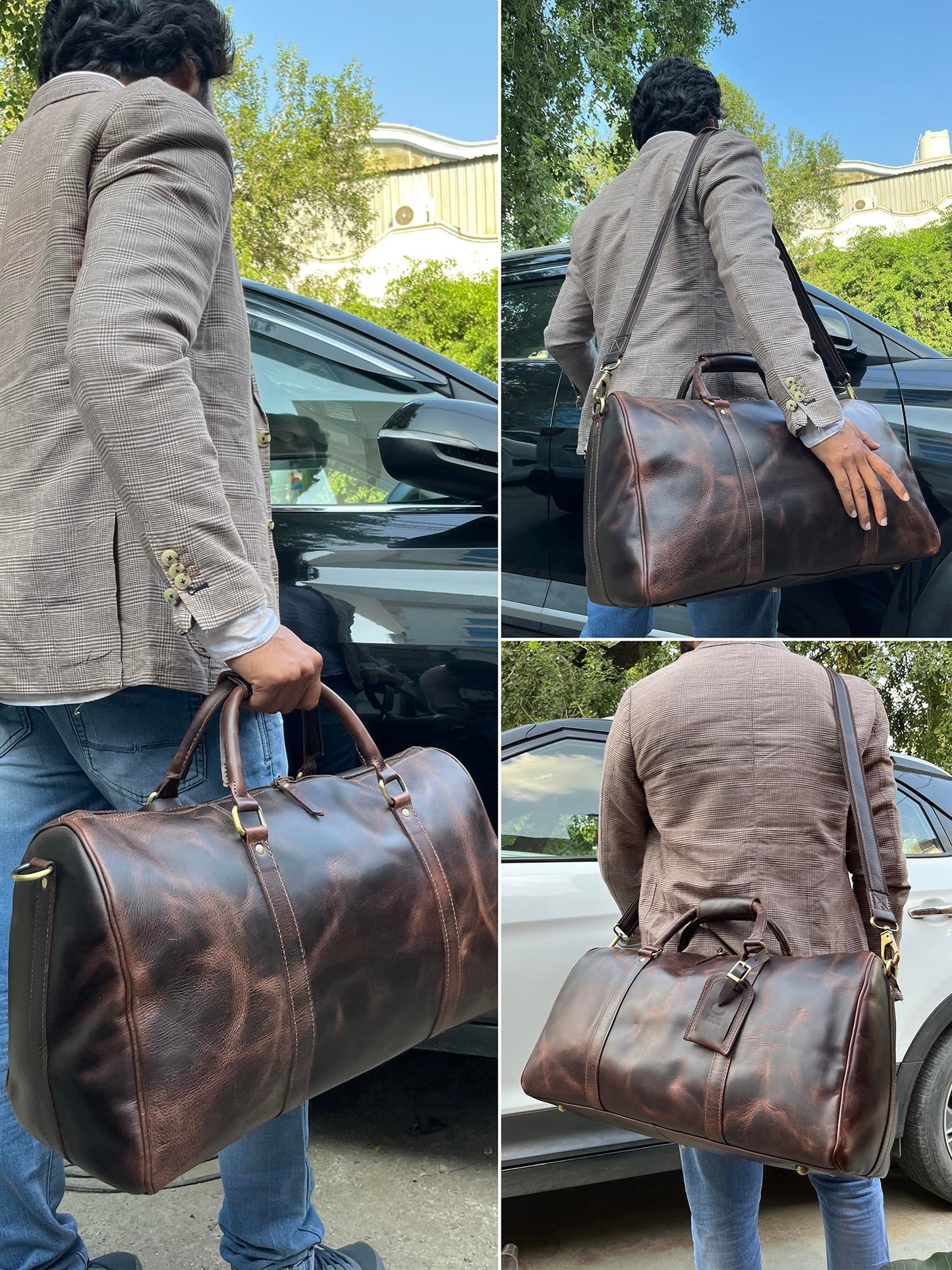 Men's Leather Travel Bag - Weekender Sports Travel Shoulder Bags Aeroplane Hand Luggage Men Duffle Bag (Large), Mulberry, L, leather duffel bag