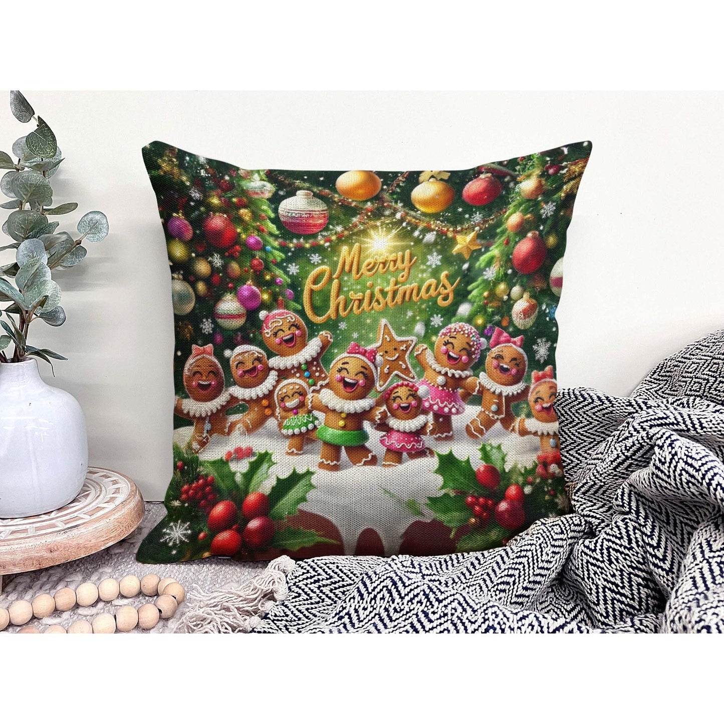 Jiaopenyou Throw Pillow Cover 20x20 Inch,Gingerbread Girls Dancing with The Words Merry Christmas Throw Pillow Case,Home Decor Cushion Covers for Sofa Living Room Couch Bed