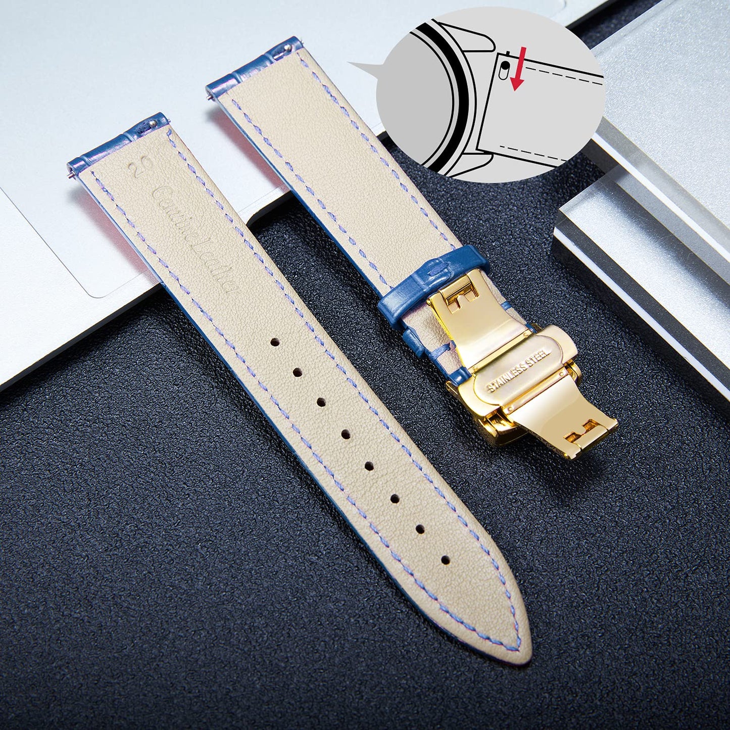 BINLUN Leather Watch Strap, Quick Release Genuine Leather Replacement Watch Band with Butterfly Deployment Buckle for Men and Women, 12mm-24mm(Blue-Gold,18mm)