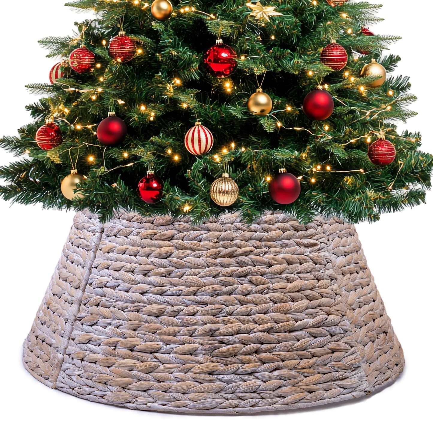 KOLWOVEN Tree Collar Large to Small Christmas Tree, 28" Christmas Tree Ring Adjustable Water Hyacinth Skirt, Christmas Tree Skirt for Decoration, Base Protection from Pets (Water Hyacinth-White)