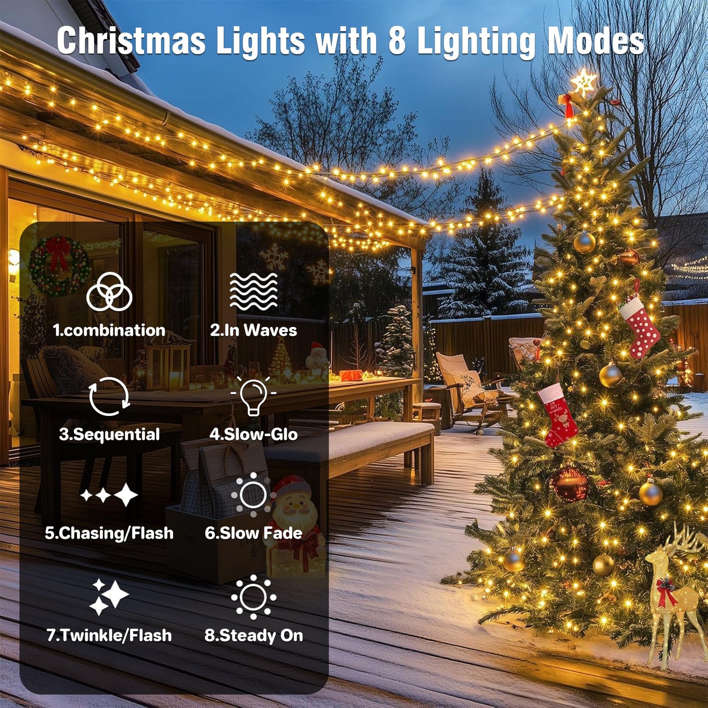 ASENEK Connectable Christmas String Lights 66FT 200 LED 8 Modes with Timer Decorative String Lights for Xmas Tree Patio Party Warm White