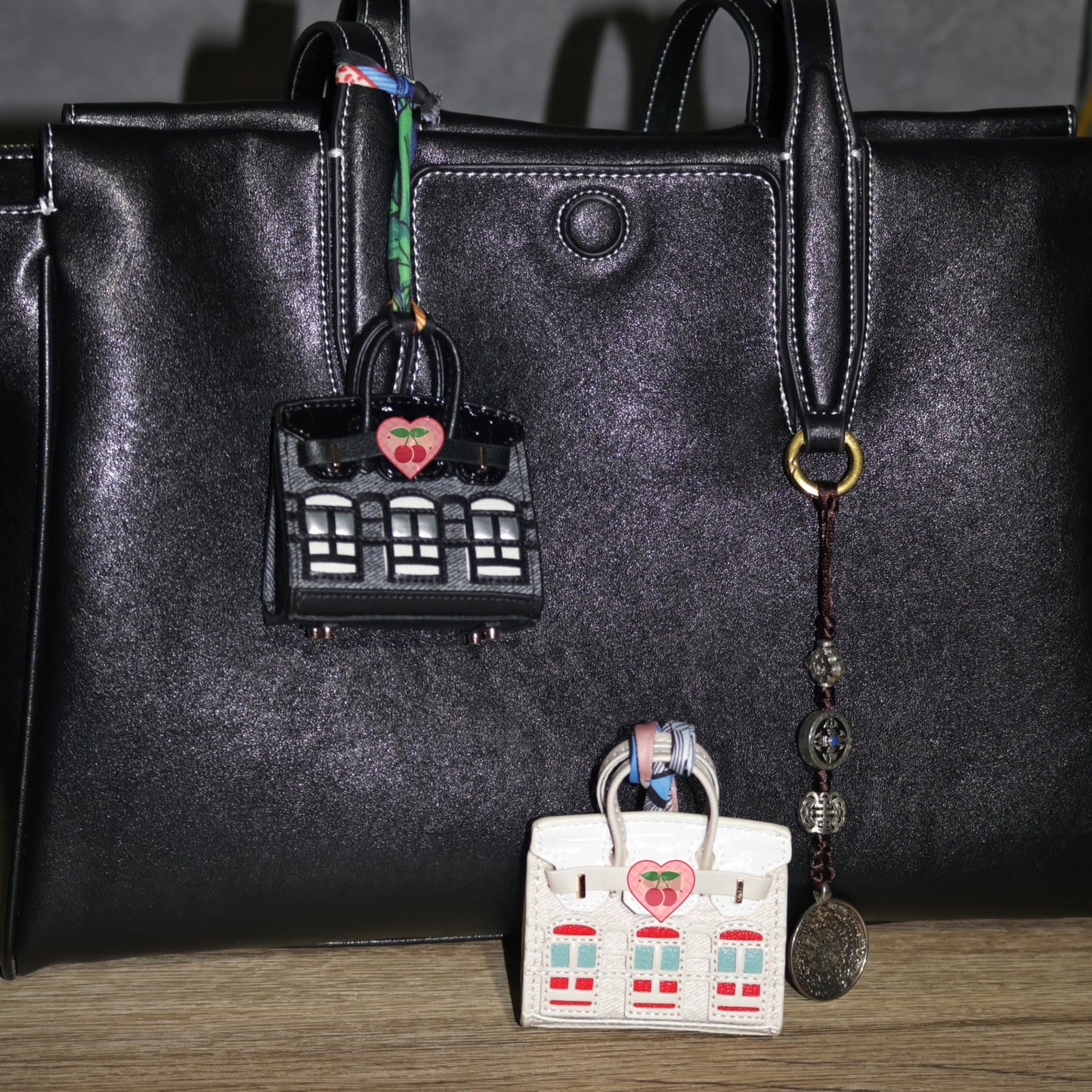 Buyborgood 2 PCS Women Mini Backpack Keychain Accessories Key Pouch Holder Coin Purse Bag Charm Wallet (Black + Ivory)