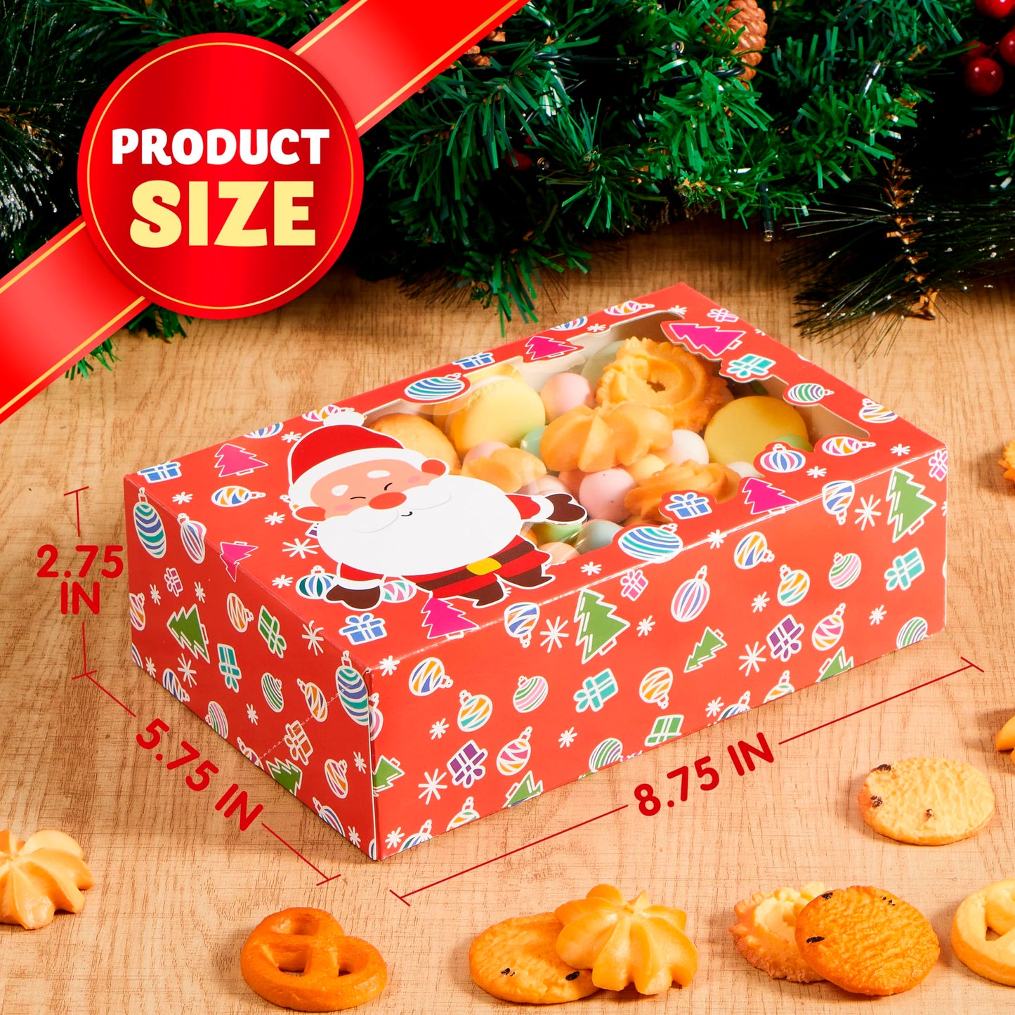 JOYIN 24 PCS Christmas Foil Treats Cookie Gift Boxes (8.75" x 5.75" x 2.75") Colorful Pattern Bakery Box with Window for Xmas Holiday Birthday Party Pastries, Cupcakes, Brownies, Donuts Gift-Giving