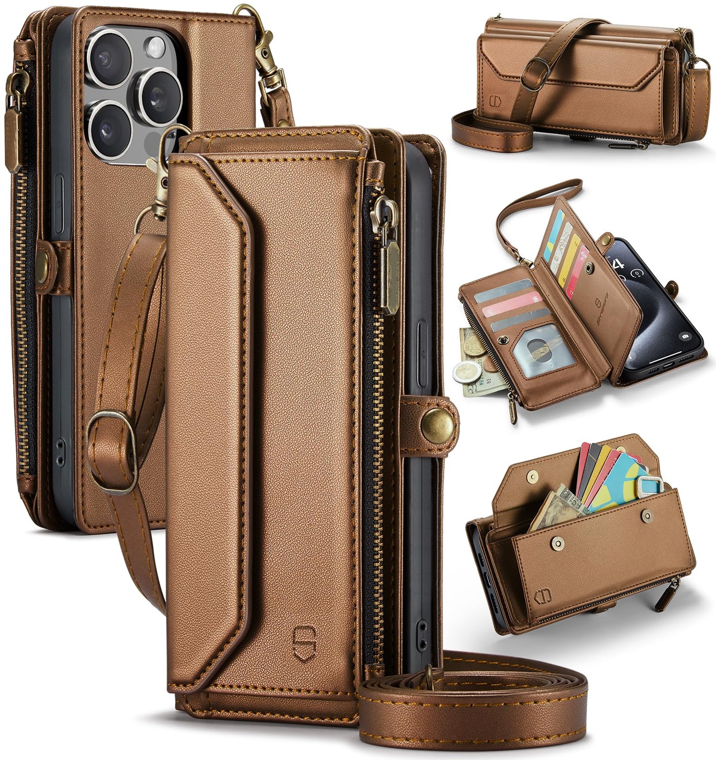Strapurs Wallet Case Compatible with iPhone 15 Pro Max RFID Blocking 10-Card Holder Soft PU Leather Magnetic Snap Shoulder Strap Zipper Pocket Phone Case Fit for iPhone 15 Pro Max 6.7" - Brown