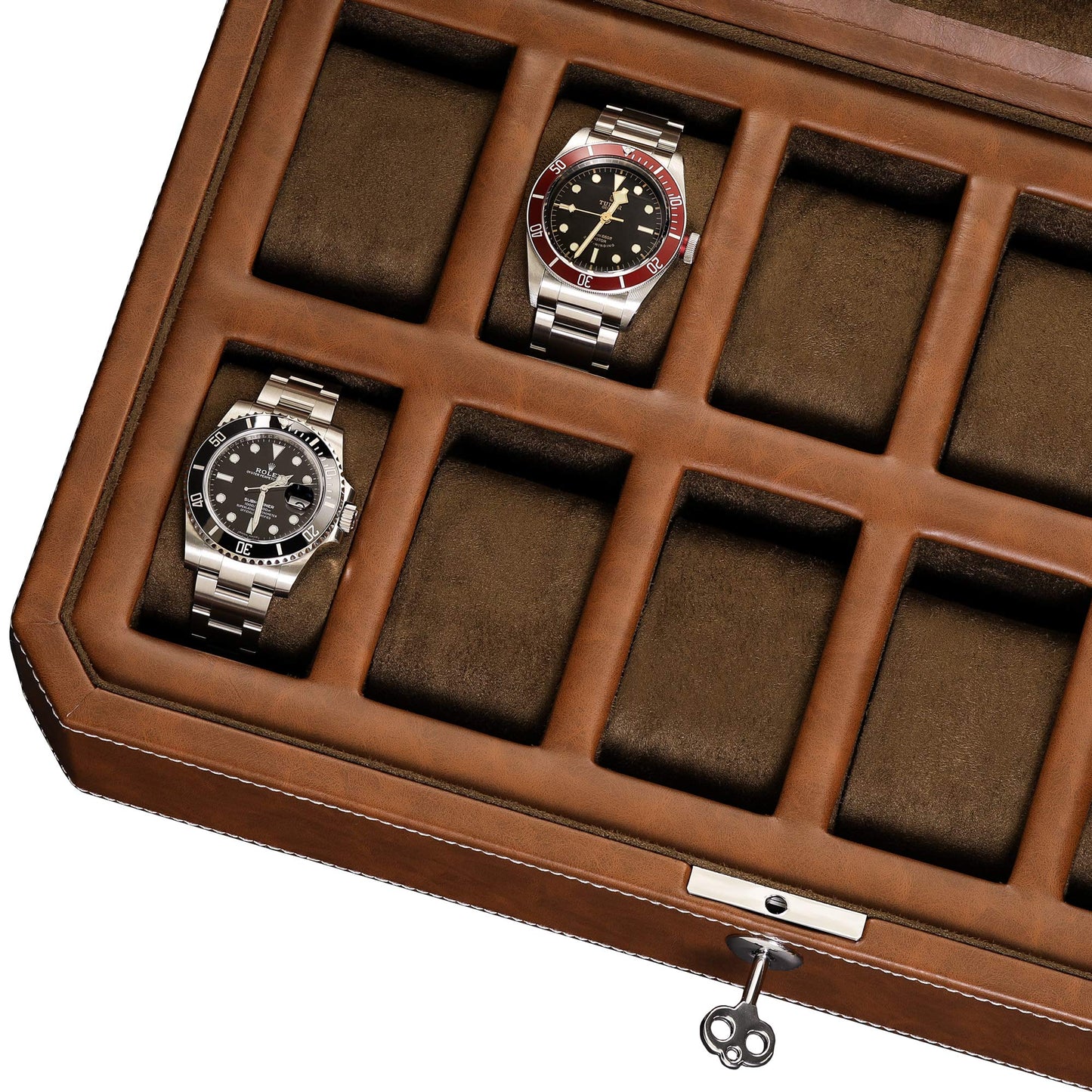 ROTHWELL 12 Slot Leather Watch Box - Luxury Watch Case Display Organizer, Microsuede Liner, Locking Mens Jewelry Watches Holder, Men's Storage Boxes Holder Large Glass Top (Tan/Brown)