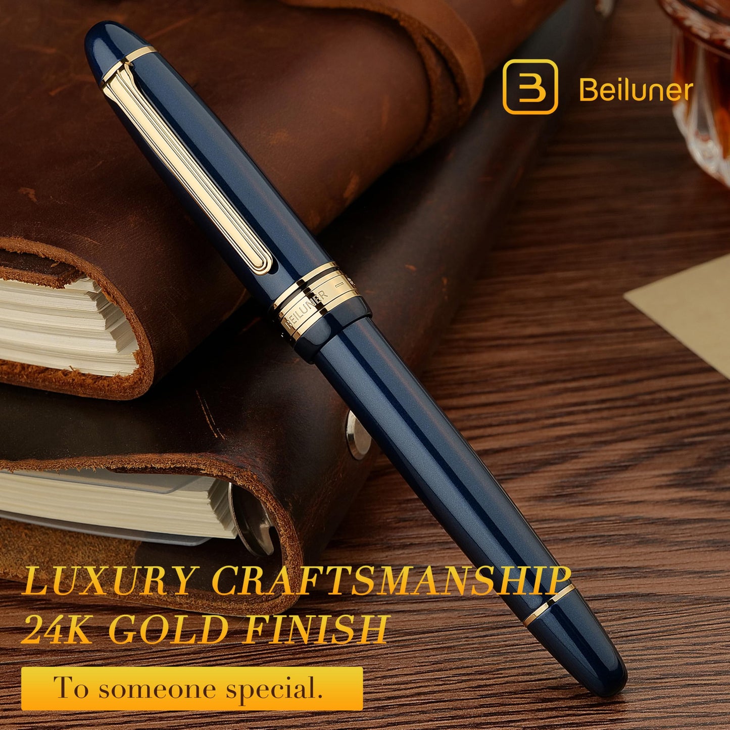 BEILUNER 319 Piano Blue Lacquer Rollerball - Stunning Luxury Pen with 24K Gold, Heavy, Schneider Black Ink Refill, Best Gift Set for Men & Women, Professional, Executive Office, Fancy Classic Pens